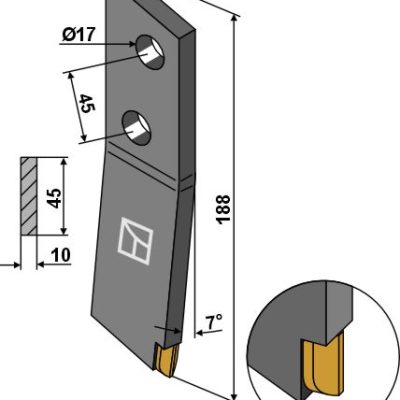 Bolt-on tine - right - Hard metal