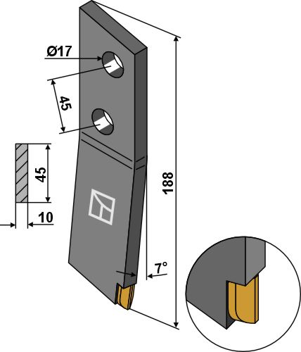 Bolt-on tine - right - Hard metal
