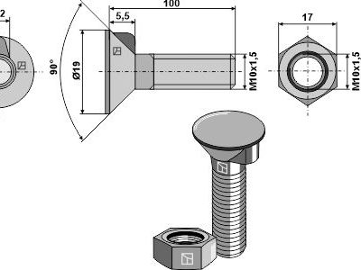Plough bolt DIN 604 M10x1,5x100 and hexagon nut