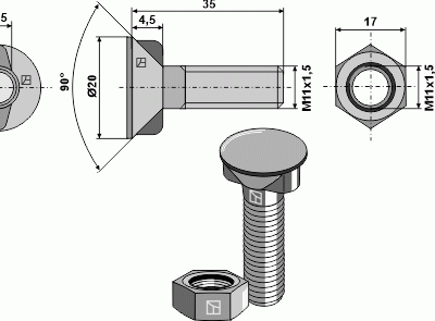 Plough bolt M11x1,5x35 with hexagon nut