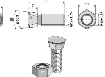 Plough bolt M12x1,75x30 with hexagon nut