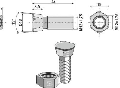 Plough bolt M12x1,75x32 with hexagon nut