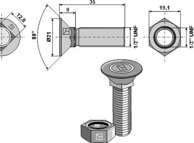 Plough bolt 1/2'' UNFx35 and hexagon nut