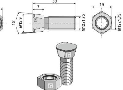 Plough bolt M12x1,75x38 with hexagon nut