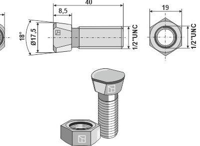 Plough bolt 1/2''UNCx40 with hexagon nut