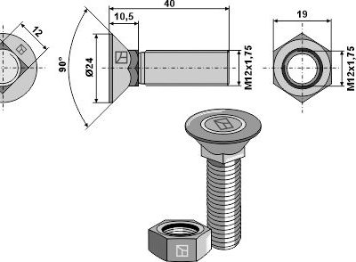 Plough bolt DIN608 M12x1,75x40 and hexagon nut
