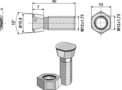 Plough bolt M12x1,75x40 with hexagon nut