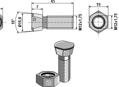 Plough bolts M12x1,75x45 with hexagon nuts
