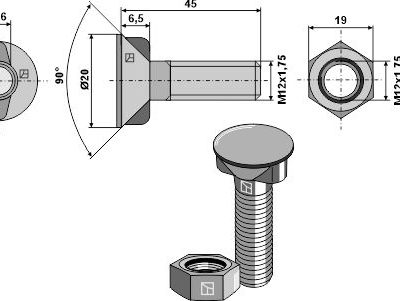 Plough bolt M12x1,75x45 with hexagon nut