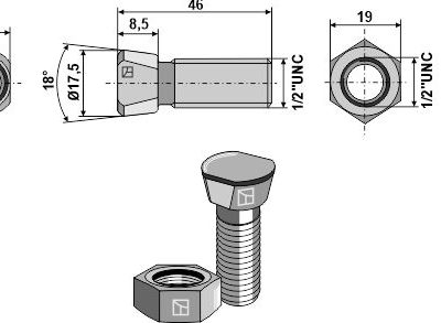 Plough bolt 1/2''UNCx46 with hexagon nut