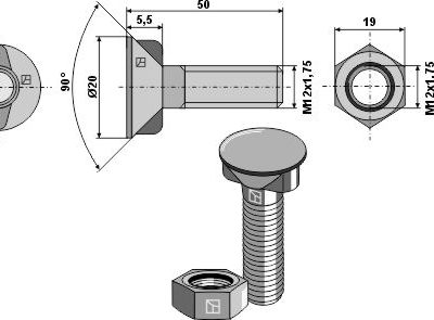 Plough bolt M12x1,75x50 with hexagon nut