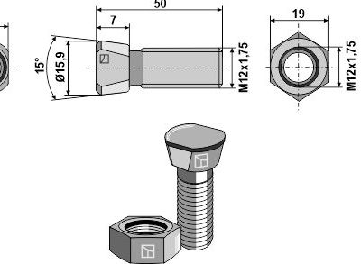 Plough bolt M12x1,75x50 with hexagon nut