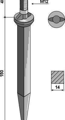 Sead harrow tooth from boron steel, neck with 2 snugs along the direction of motion