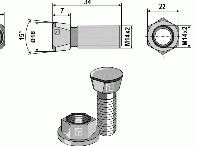 Plough bolt M14x2x34 with collar nut
