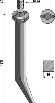 Sead harrow tooth from boron steel, oval neck across the direction of motion