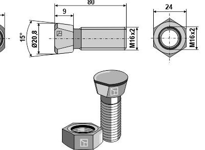 Plough bolt M16x2x80 with hexagon nut
