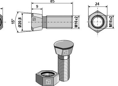 Plough bolt M16x2x85 with hexagon nut