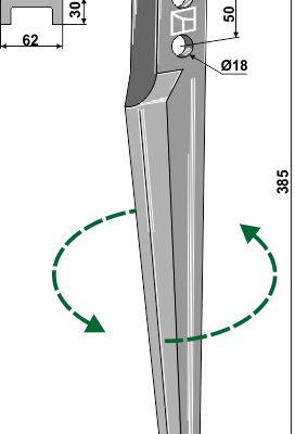 Tine for rotary harrows 385mm, left