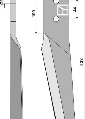 Tine for rotary harrows 332mm, right