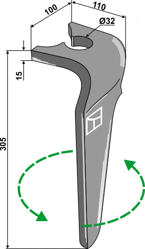 Tine for rotary harrows 305mm, left