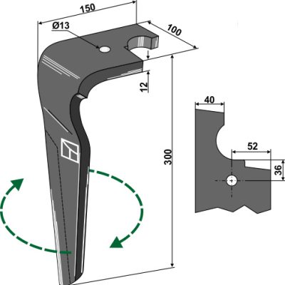 Tine for rotary harrows, right