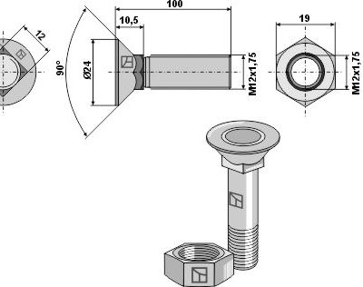 Plough bolt M12x1,75x100 and hexagon nut